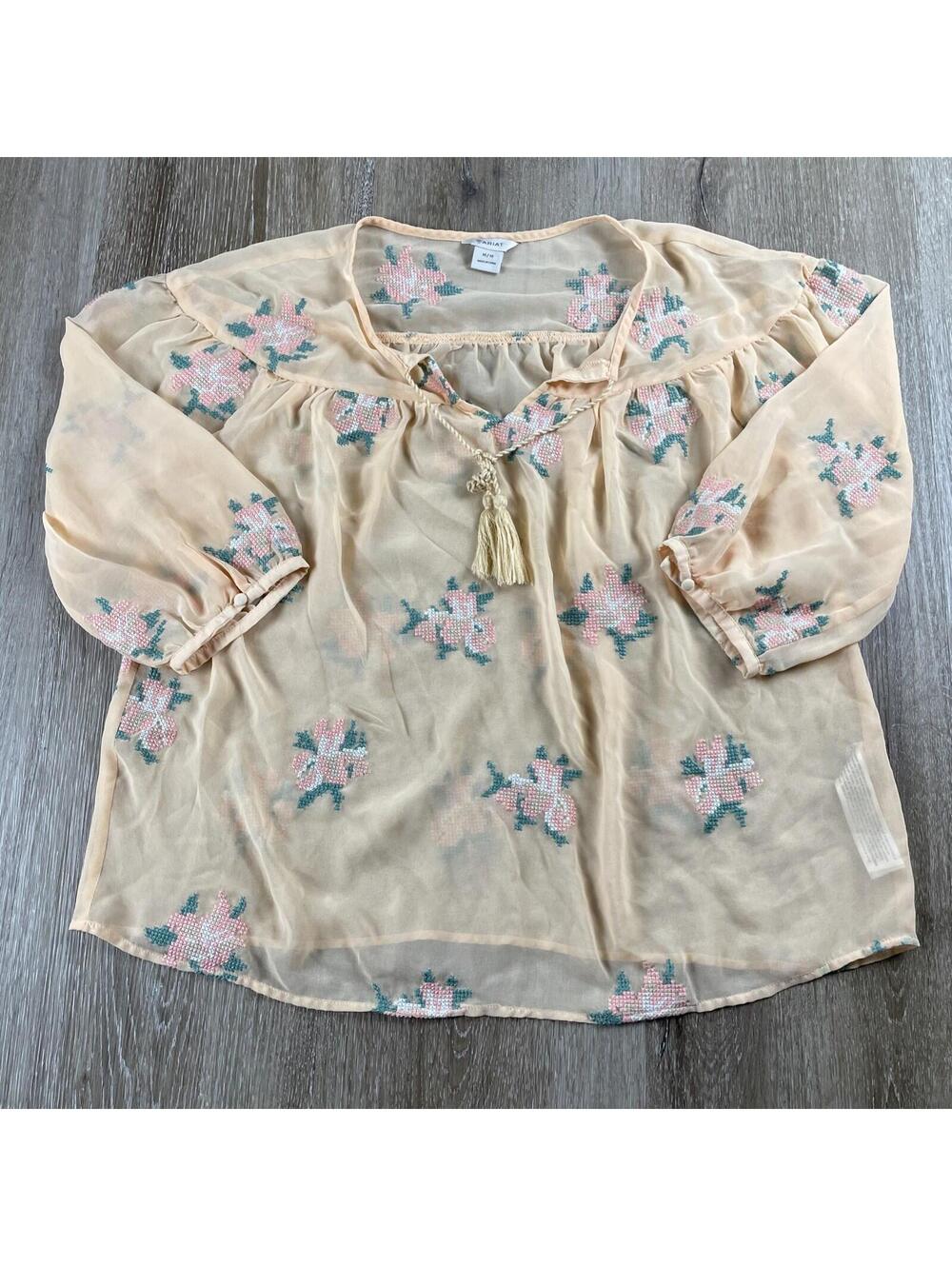 Ariat Women's Roxanne Embroidered Blouse S Boho Floral Sheer Tassel Top - Picture 2 of 16